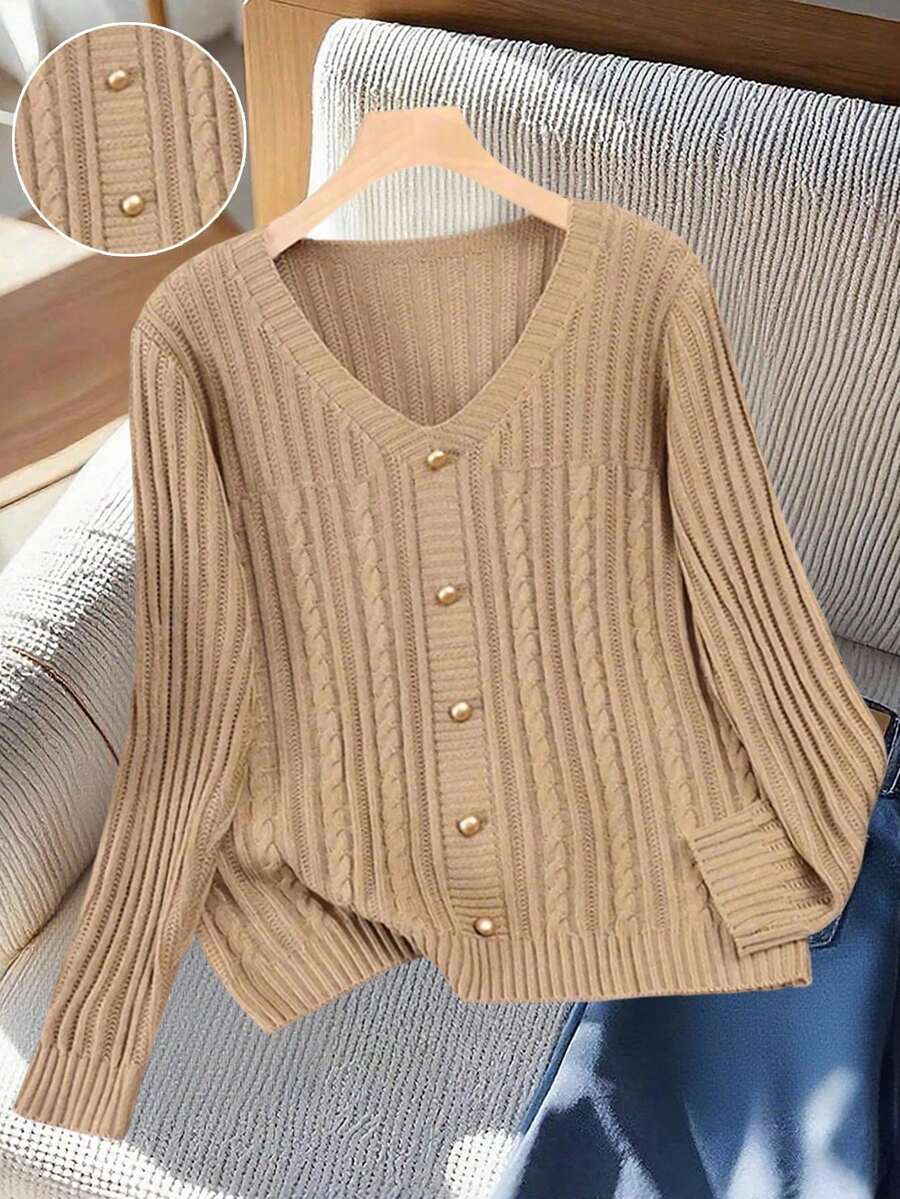 Franclia Khaki Autumn V-Neck Twist Rope Metal Button Casual Sweater,European & American Blogger Style Fall Winter Elegant Office Commuting Urban Professional - Khaki - View 1