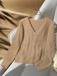 Franclia Khaki Autumn V-Neck Twist Rope Metal Button Casual Sweater,European & American Blogger Style Fall Winter Elegant Office Commuting Urban Professional - Khaki - View 6