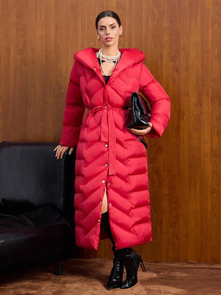 EURMUSE Women Solid Color Belted And Pocket Detailed Long Winter Coats - Red - View 1