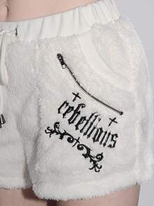 ROMWE Goth Y2K 哥特式十字绣毛绒女式短裤，万圣节 - 米色 - 查看 7