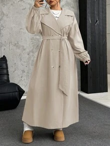 SHEIN EZwear Áo gió dài tay ve kaki cỡ lớn cho nữ, mùa thu - Màu Khaki - Xem 1