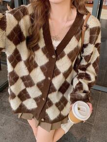 DAZY Women's Loose Casual Plaid & Diamond Pattern Color Block Long Cardigan, Suitable For Autumn & Winter