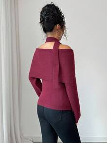 Elenzga Femmes Élégant Doux Perles Épaules Dénudées Col Roulé Chandail Avec Design Écharpe Drapée, Convient Pour Noël, Nouvel An, Cadeaux d'Action de Grâce, Automne/Hiver - Rouge foncé - Voir 2