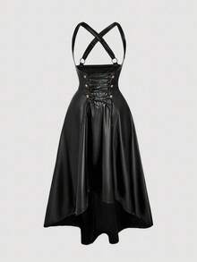 SHEIN MOD 大码黑色复古宫廷风女式PU吊带裙 - 黑色 - 查看 2