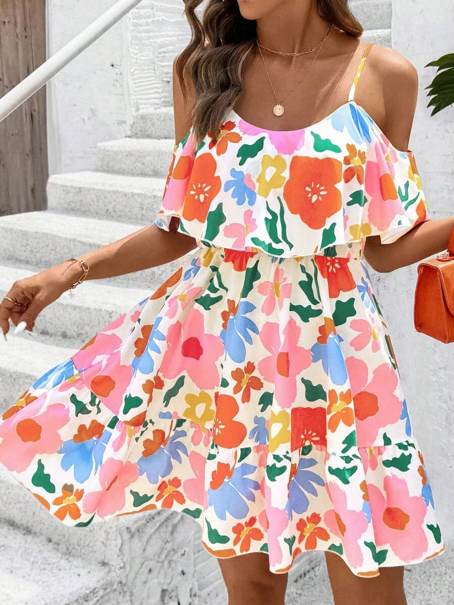 SHEIN Clasi Váy yếm in hoa hở vai giản dị cho kỳ nghỉ - Nhiều màu - Xem 1