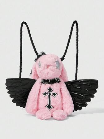 Goth Zaino da donna in stile Y2K con ali di coniglio in peluche a forma di croce