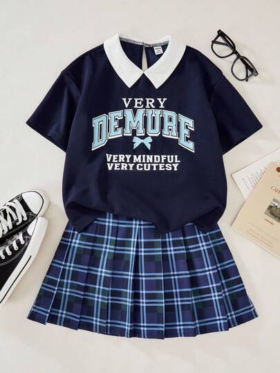 SHEIN Explorewe 2pcs Set Vintage Academic Style Plaid Pattern T-Shirt With Pleated Skirt, Suitable For Girls, Summer School & Casual Wear