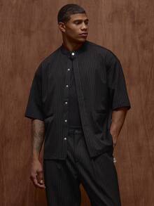 Musero Short Sleeve Smart Tailored Style Pin Stripe Shirt Button Detailing Branded Woven Tag Fall/SPRING SUMMER Tailoring - Black and White - View 1