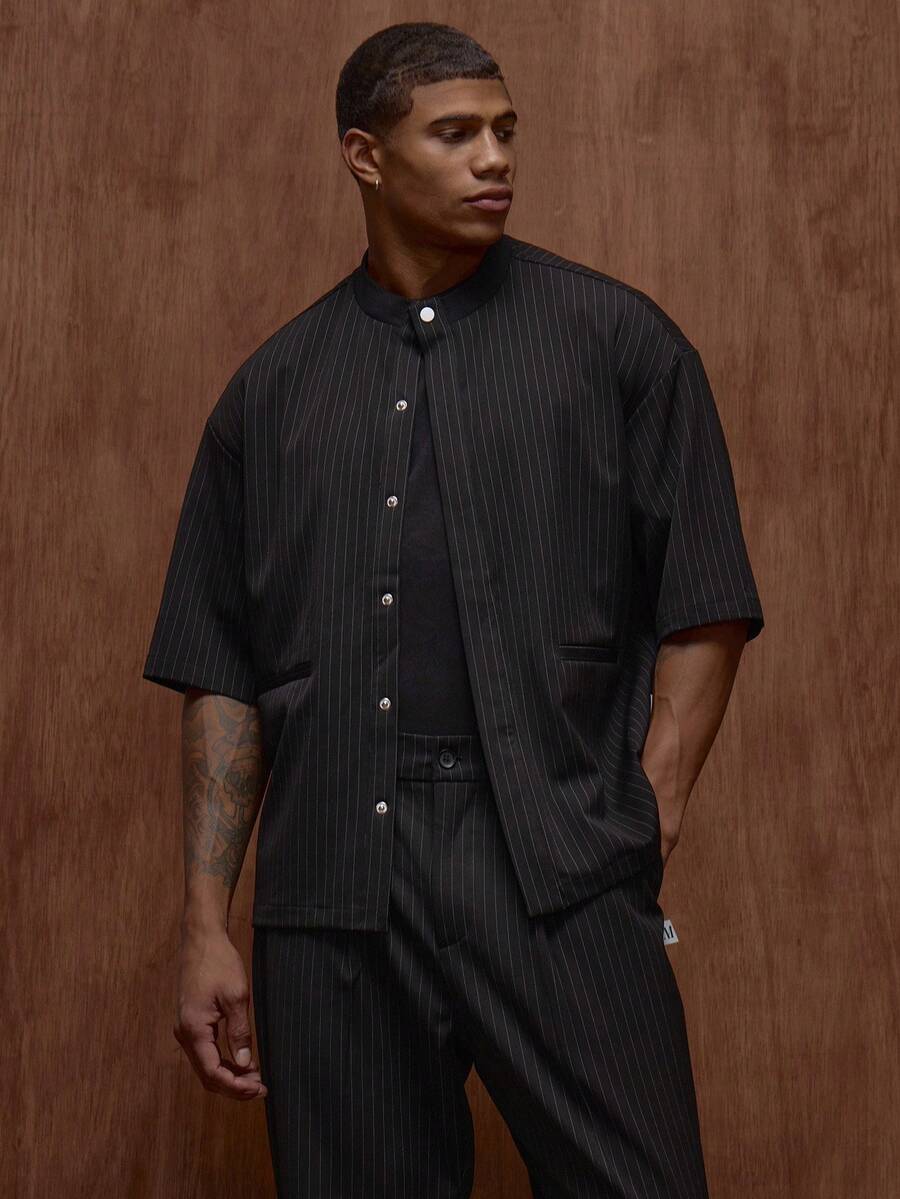 Musero Short Sleeve Smart Tailored Style Pin Stripe Shirt Button Detailing Branded Woven Tag Fall/SPRING SUMMER Tailoring - Black and White - View 1