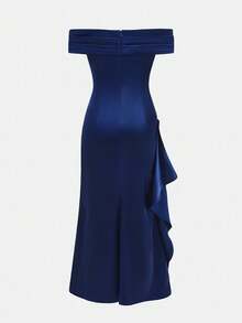 Pitira 女孩派对礼服下摆荷叶边侧开衩大腿缎面单肩伴娘礼服优雅正式晚会舞会婚礼宾客礼服适合毕业典礼、晚宴派对礼服 - 藏蓝色 - 查看 3