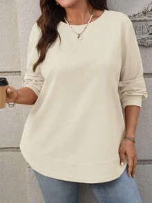 EMERY ROSE Plus Size Casual Solid Color Crew Neck Sweatshirt/ Winter - White - View 3