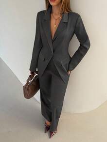 Aloruh Women's Solid Color Blazer And Pants Suit, Fashionable For Commuting In Fall/Winter,Cozy Fall And Winter Clothes For Women - Grey - View 7