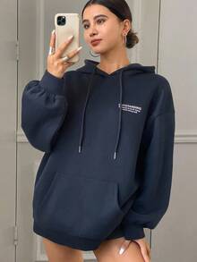 DAZY 全新秋季女式保暖内衬宽松休闲运动衫连帽衫，保暖内衬 - 藏蓝色 - 查看 3