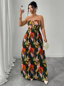 Elenzga Plus Size Women's Elegant Romantic Digital Print Strapless Waist A-Line Dress, Summer Vacation