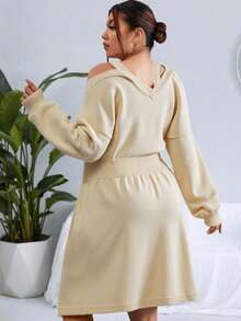 EURMUSE 大码女式纯色露肩长袖落肩褶皱麻花针织毛衣连衣裙 - 杏色 - 查看 2