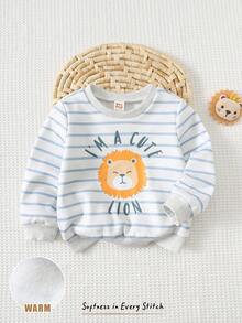 Cozy Pixies 男婴卡通动物印花条纹圆领长袖套头衫男婴上衣狮子婴儿服装婴儿服装男女通用男婴全袖T恤秋冬婴儿卡通服装 - 杏色 - 查看 3