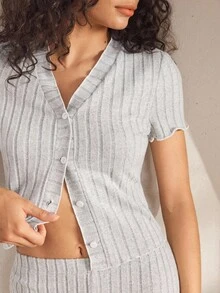 Ocili Women's Ribbed Front Button Short Sleeve Top And Long Pants Pajama Set - Light Grey - View 5