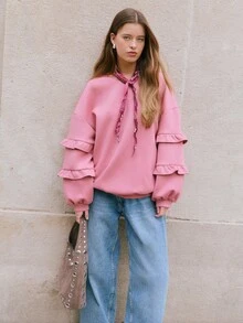 Nöista 粉色宽松运动衫，分层荷叶边袖子，休闲款式，非常适合女性时尚优雅的秋季时尚。 - 紅色 - 查看 3