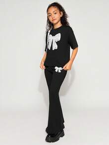 Radiana 2 件 Tween Girl 休闲蕾丝蝴蝶结图案 T 恤和长裤套装，适合春夏季 - 黑色 - 查看 6