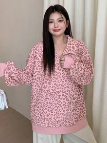 Dazy Plus Sudadera holgada con cremallera y estampado de leopardo para mujer de talla grande, estilo callejero para otoño/invierno