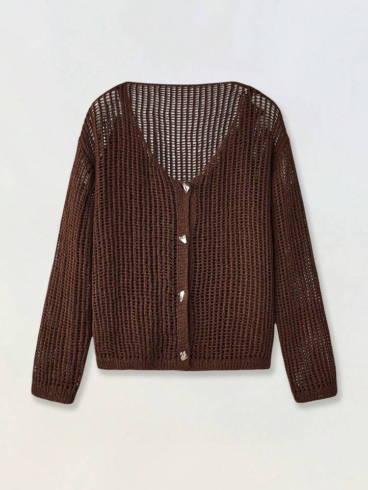 SHEIN Maija 2pcs Women Solid Color Long Sleeve Hollow-Out Knitted Cardigan And Camisole Knit Top Set, Fall Women Clothes