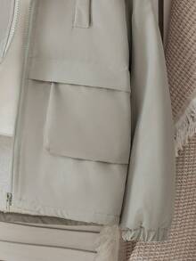 秋冬新款派克大衣外套，带帽和毛领，大口袋，宽松版型，加厚保暖内衬 - 灰色 - 查看 6