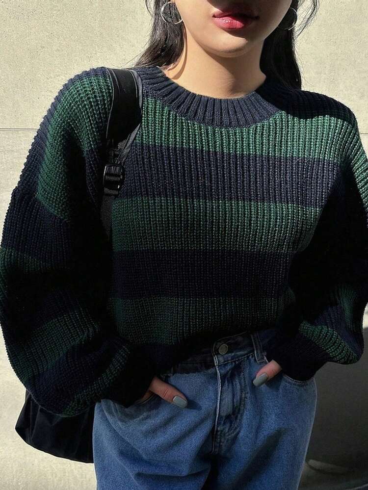 Dazy Plus Suéter holgado de cuello redondo con bloques de color, manga larga, tallas grandes para mujer, otoño/invierno - Verde Oscuro - Añade 8