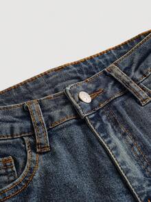 SHEIN Girlism 青少年女孩 Y2K 2000 年代复古石洗牛仔喇叭裤，女孩秋季服装返校街头服饰 - 深色水洗藍 - 查看 3