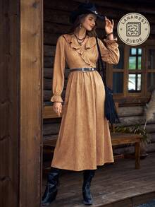 LanaWest Women's Camel Autumn Western Vacation Knitted Suede V-Neck Long Sleeve Flare Elastic Waist A-Line Brown Ruffle Collar Ruched Pocket Maxi Casual Dress - Brown - View 8