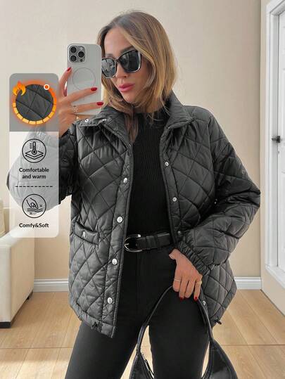 EURMUSE Casaco de inverno feminino acolchoado curto com efeito brilhante e botões prateados detalhados