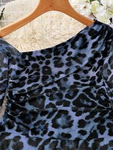 Franclia Bodysuit Lengan Panjang Berbahan Jala Transparan Motif Leopard untuk Wanita - Biru - View 5