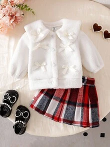 SHEIN 2pcs Baby Girl Winter White Fluffy Long Sleeve Top + Red Plaid Skirt Set Baby Girl Plaid Skirt Fall - Beige - View 3