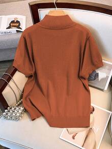 SHEIN LUNE Fitted Knit Sweater Top, Short Sleeve - Rust Brown - View 2