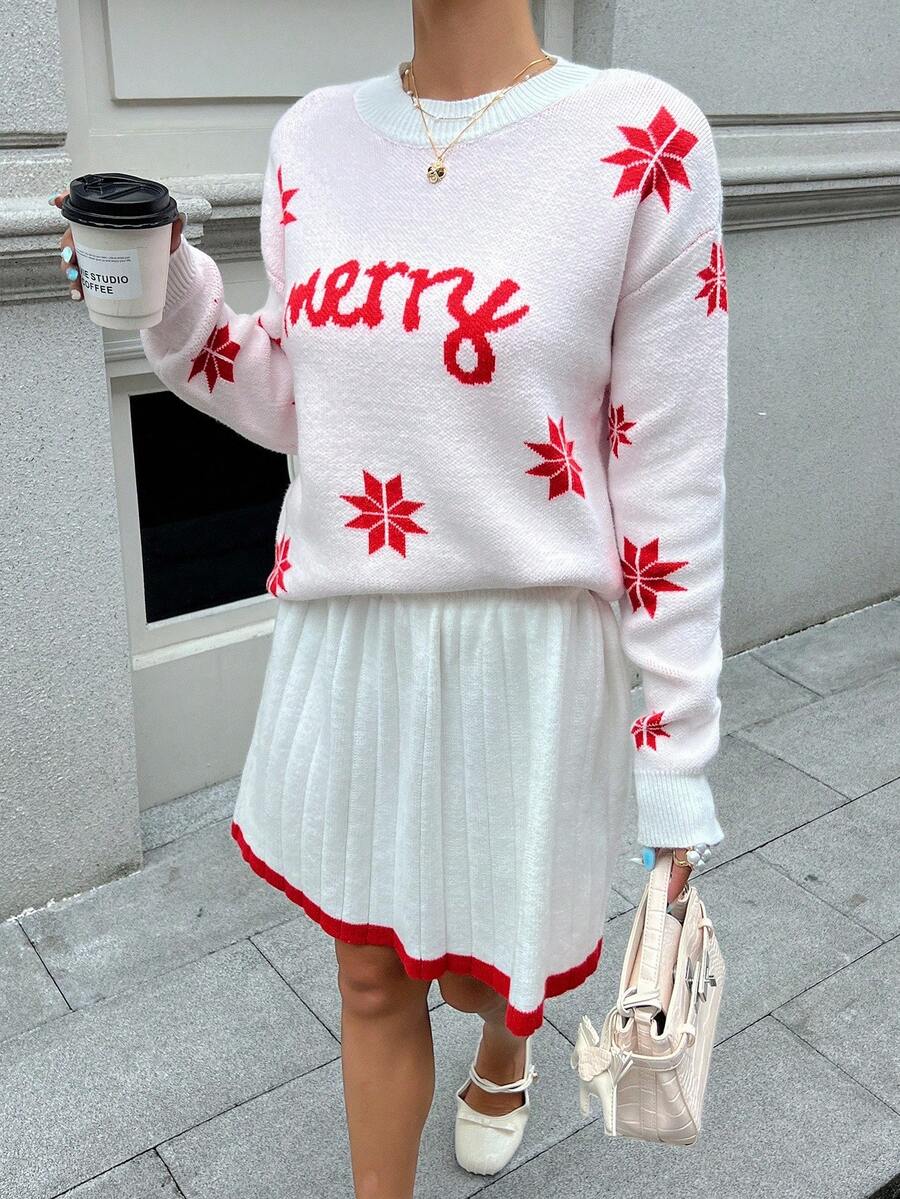 Chiquease Elegant Christmas Casual Loose Crew Neck Long Sleeve Knitted Snowflake Christmas Element Contrast Trim Pleated Midi Skirt Women Sweater Two Pieces Set, Autumn/Winter,Women's Winter Clothes,Christmas Women's Clothing,Going Out Outfit,Women's Set
