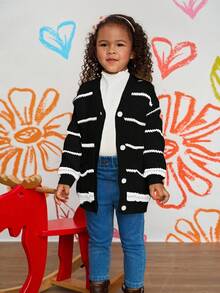 少女彩色条纹宽松休闲开衫毛衣，秋冬 - 黑色 - 查看 4