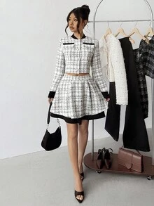 SHEIN 2件套少女粗花呢长袖上衣和迷你裙时尚套装 - 黑與白 - 查看 3
