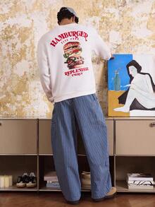 SWAVVY 男士图案运动衫汉堡印花圆领宽松长袖运动衫，秋季，冬季 - 白色 - 查看 6