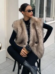 DAZY 女士 V 领宽松休闲无袖蓬松背心冬季夹克背心仿皮草大衣 - 駝色 - 查看 4