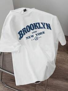 Manfinity Joysei 时尚休闲年轻布鲁克林纽约字母撞色印花修身圆领短袖T恤，男士款，适合约会、聚会、日常穿着，情侣装和家庭装皆宜，送给男友的绝佳礼物。纽约T恤，布鲁克林衬衫 - 白色 - 查看 7