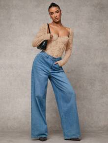 SHEIN BAE 黑色性感蕾丝内衣，迷人的长袖透明紧身衣，适合日常穿着、约会和夜间外出 - 卡其色 - 查看 3