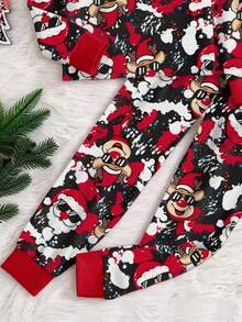 1 Conjunto de pijama de manga larga de ajuste ceñido con cuello redondo y estampado de Papá Noel y ciervos para niños adolescentes, primavera/otoño - Rojo - Ver 5