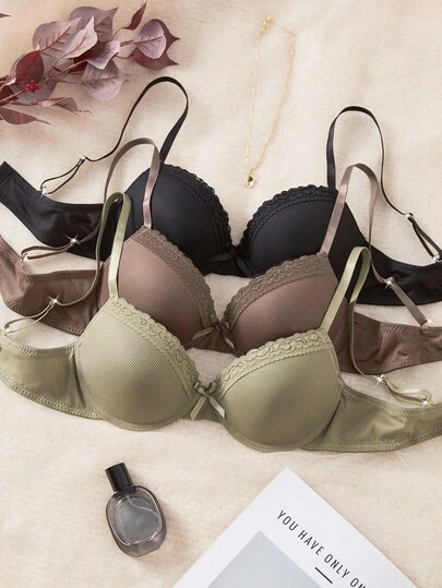 3pcs/Set Women Minimalist Casual Gathering Bra, Seamless Brassiere Cups