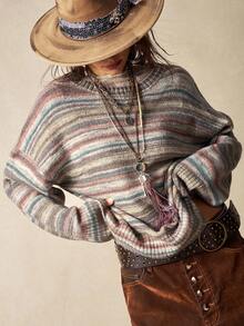 Bohemela Women's Casual Loose Fit Dropped Shoulder Striped Sweater, Autumn/Winter,Cozy Fall And Winter Clothes For Women - Multicolor - View 1