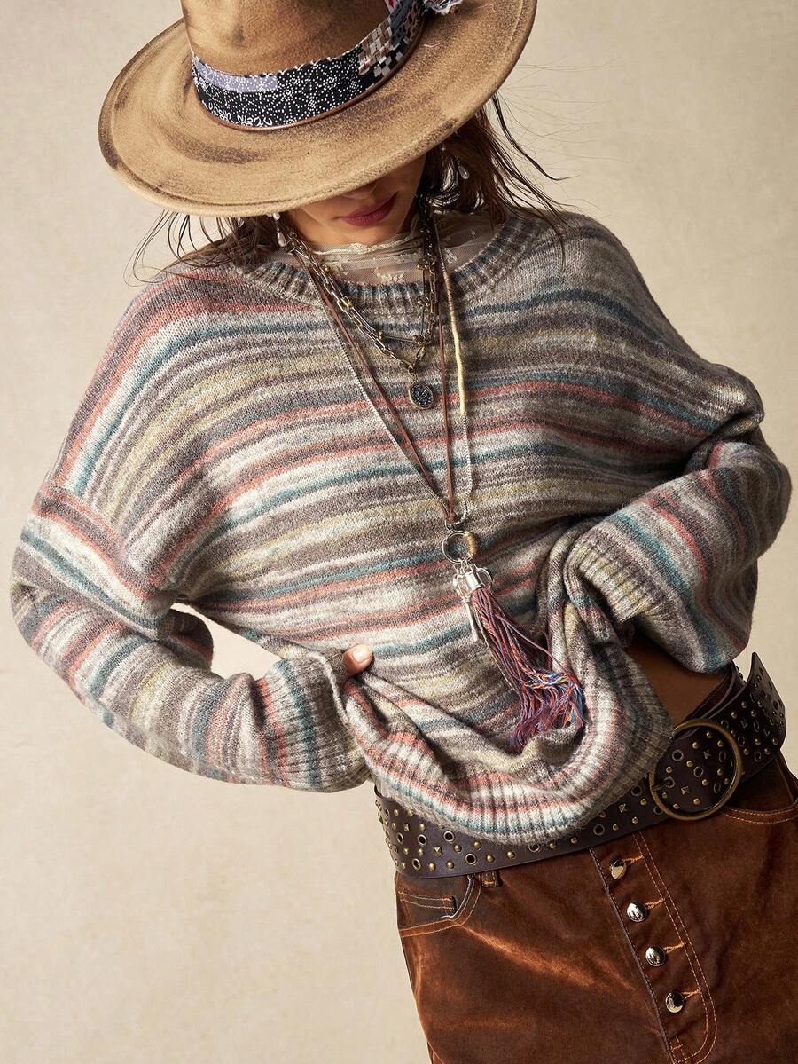 Bohemela Women's Casual Loose Fit Dropped Shoulder Striped Sweater, Autumn/Winter,Cozy Fall And Winter Clothes For Women - Multicolor - View 1