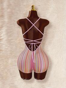Amplova Spaghetti Strap Triangle Cup Textured Bohemian Style Backless Criss-Cross Strap Bodycon Romper - Purple - View 2