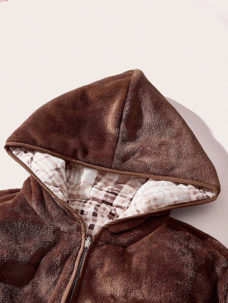 プラスサイズ レディース リバーシブル チェック柄 長袖 フード付きジャケット、秋冬用