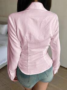 Teen Girls Blouses - Pink, Fitted, Curved Hem, Textured Shirt, Striped Shirt, Collegiate Shirt, Pink Shirt, Versatile All-Match Shirt, Teenage Girl Shirt Fall Winter