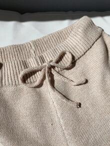 Comfortcana 高腰松紧带休闲百搭纯色针织短裤，秋季 - 杏色 - 查看 6