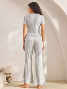 Ocili Women's Ribbed Front Button Short Sleeve Top And Long Pants Pajama Set - Light Grey - View 2