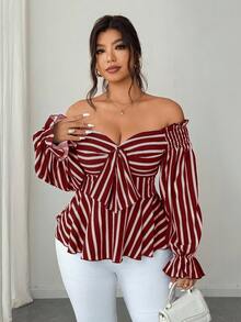 Elenzga Plus-Size Long-Sleeved Fashionable Casual Vacation Off-Shoulder Commuting Bow Christmas Red New Year Party Shirt - Burgundy - View 2
